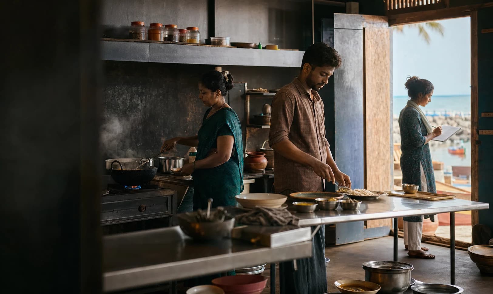 A small coastal kitchen team cooking, plating and coordinating orders together in Vizhinjam