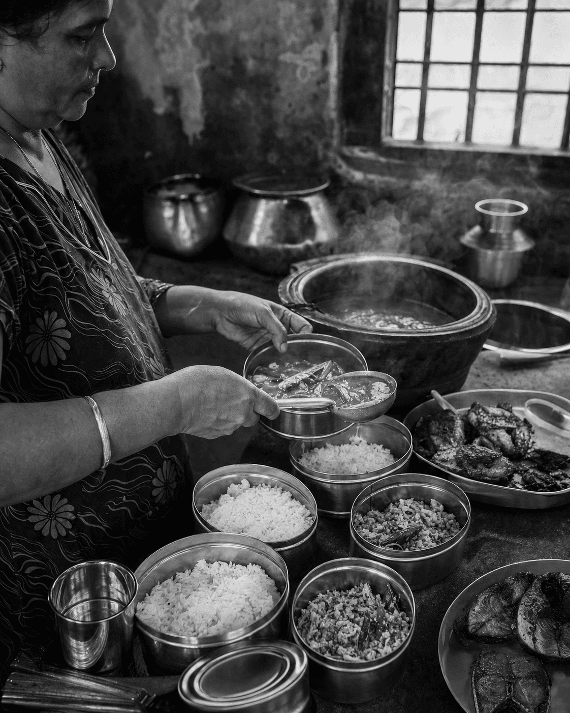 A Hooked Harbor cook portions fish curry, rice, fish fry and thoran into steel takeaway containers.
