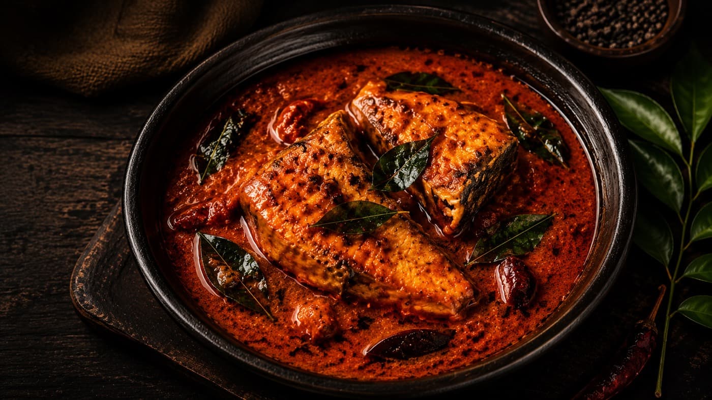 Kerala fish curry with curry leaves