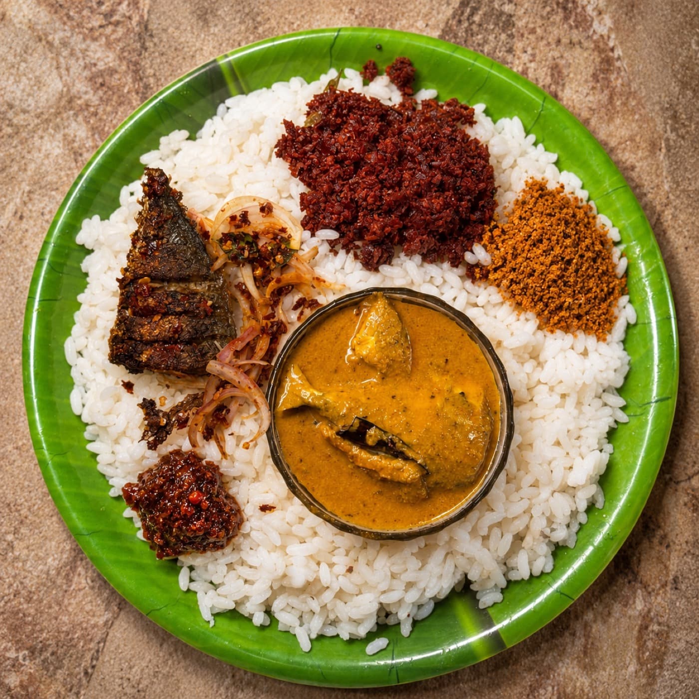 Vizhinjam meal with rice, fish curry, fried fish, pickle, and sides