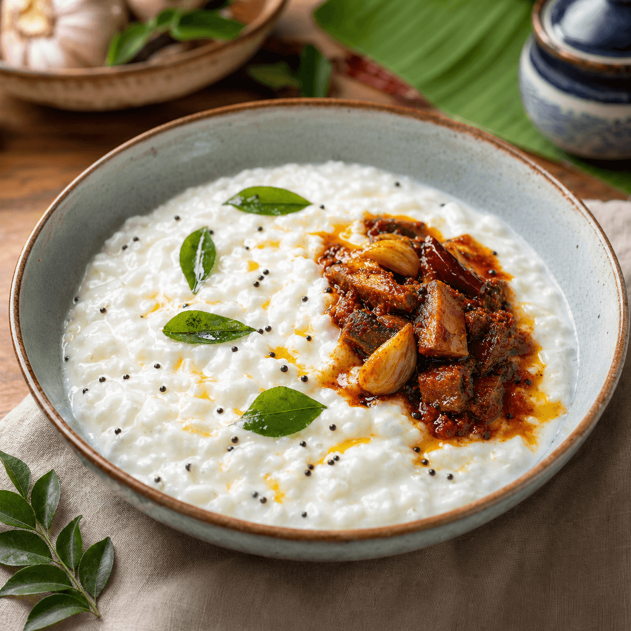 Curd rice topped with red fish pickle and spice oil.
