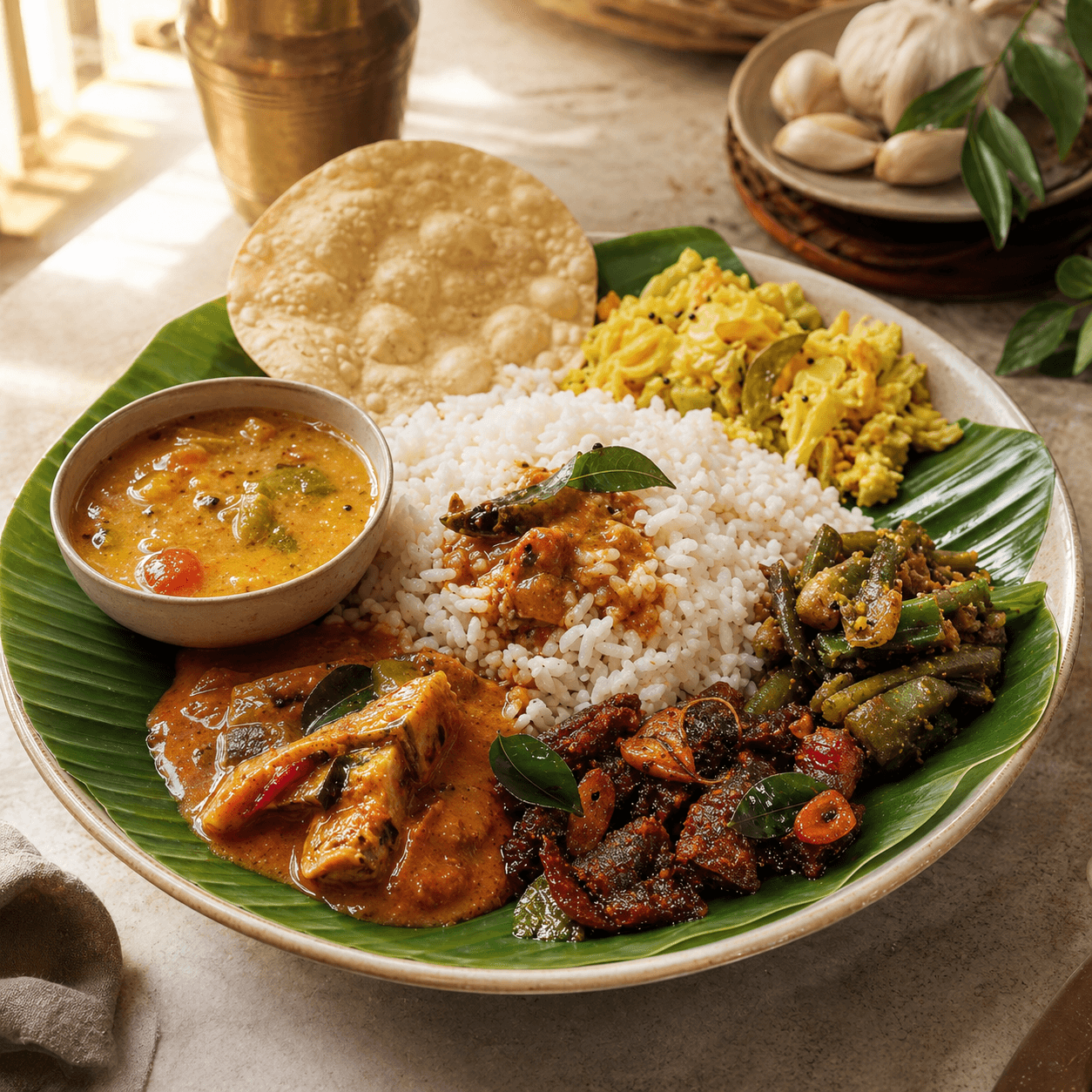 Kerala meals plate with rice, sides, and fish pickle.
