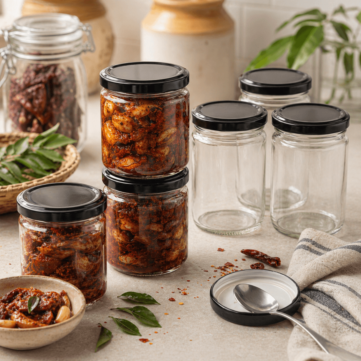 Clean Hooked Harbor pickle jars being packed