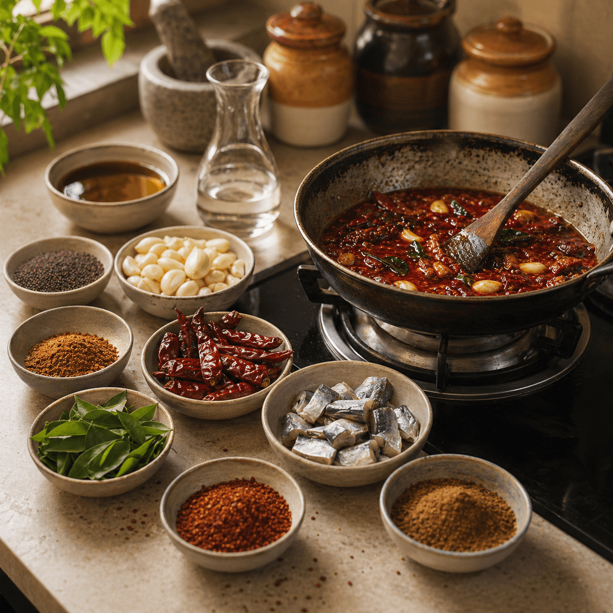 Measured bowls of roasted masala beside seafood pickle cooking slowly.
