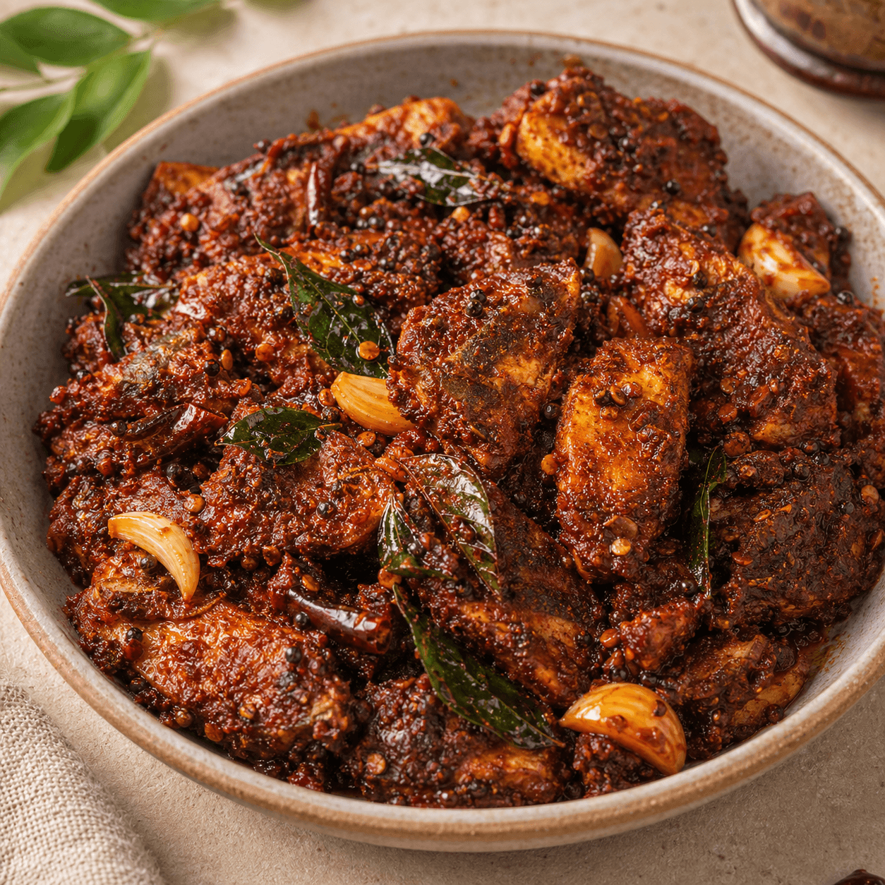 Glossy red chili spice oil with garlic and curry leaves.