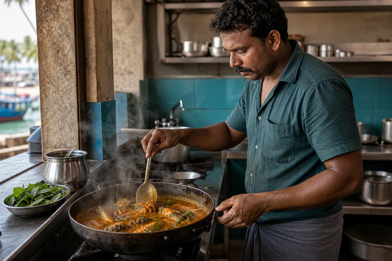 Kitchen chef work at Hooked Harbor in Vizhinjam