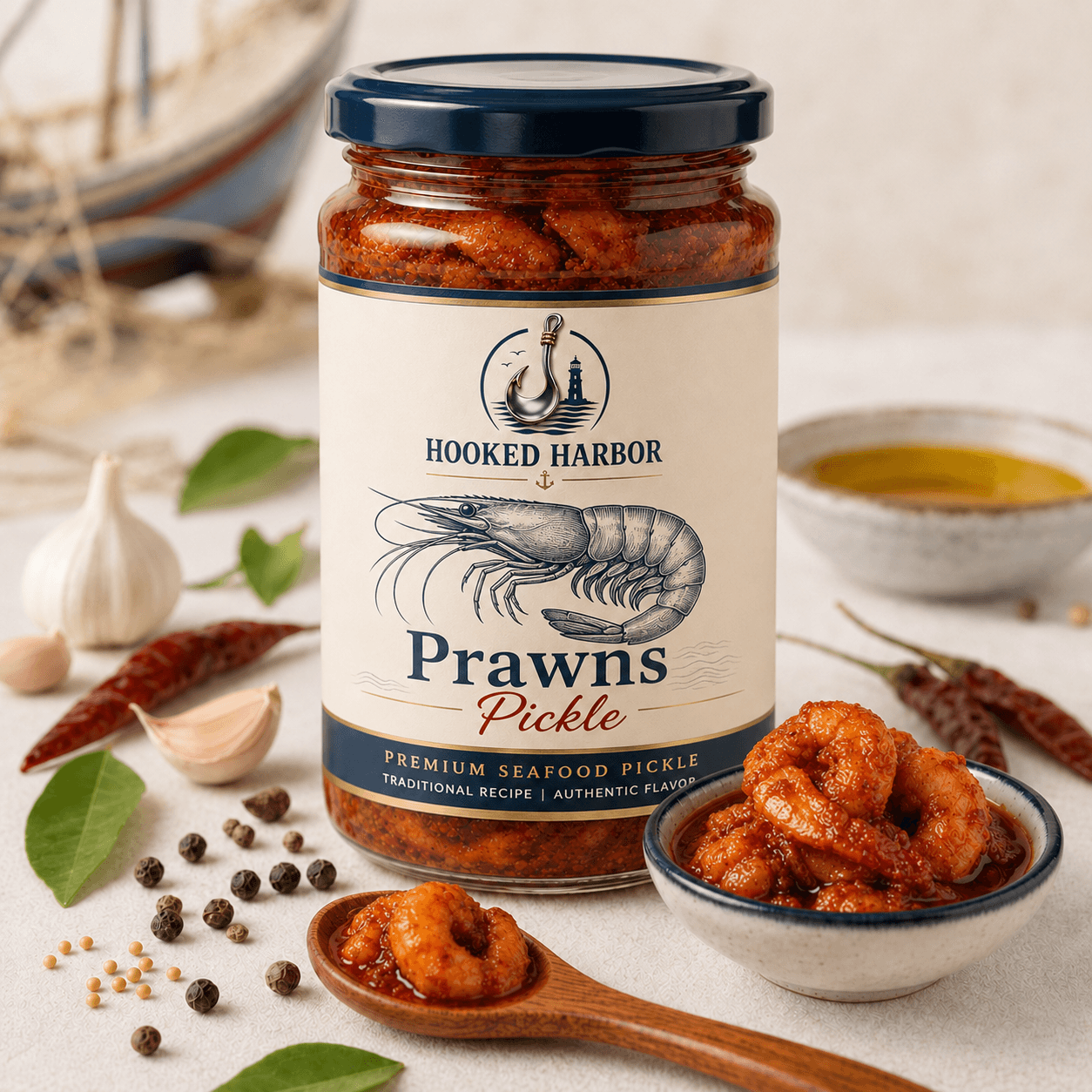 Jar and serving bowl of Hooked Harbor prawns pickle