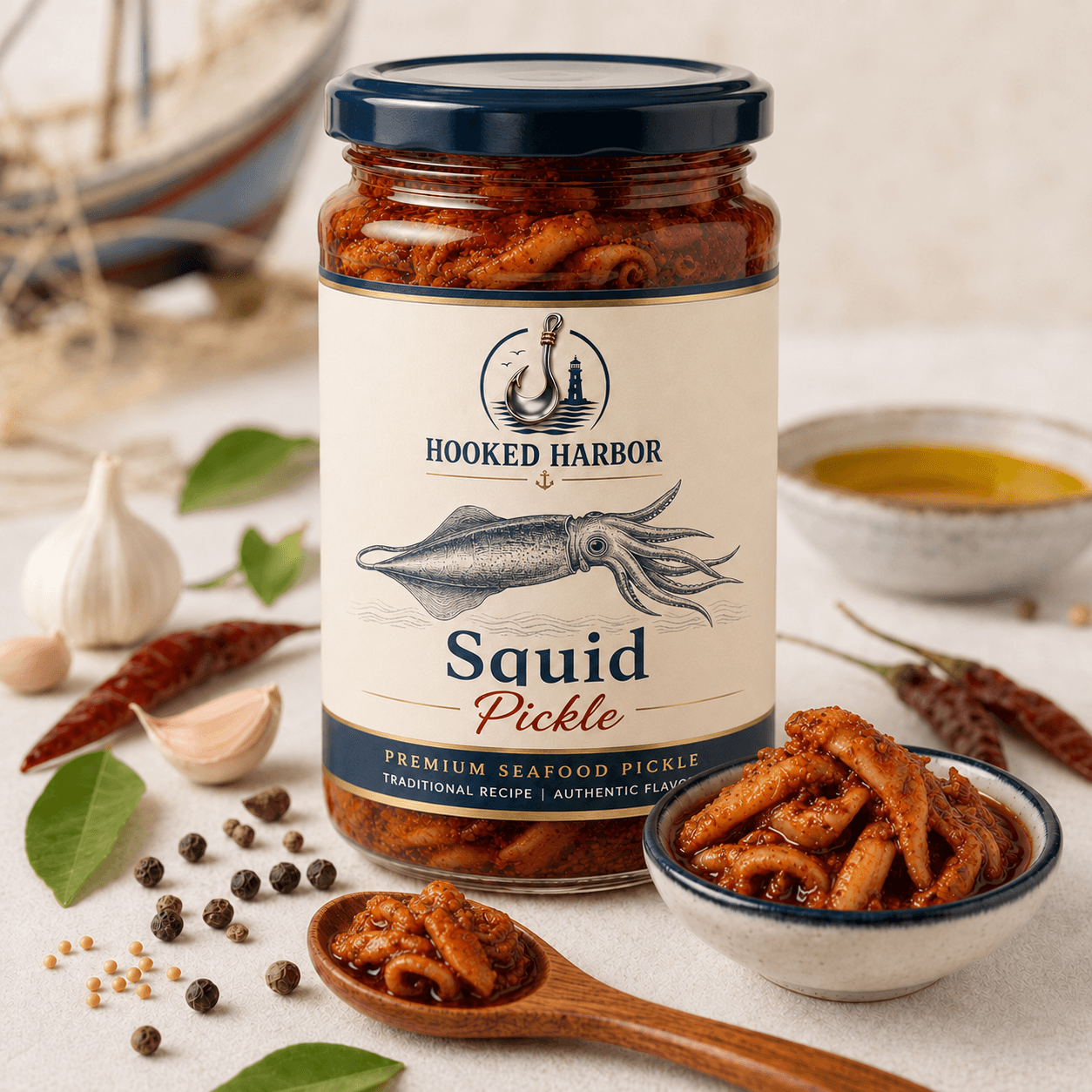 Jar and serving bowl of Hooked Harbor squid pickle