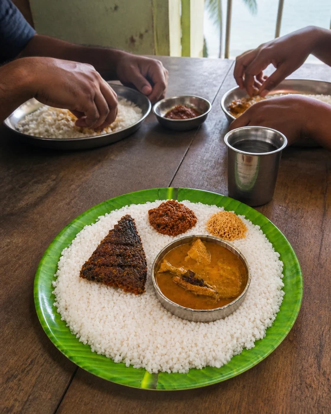 An everyday coastal Kerala lunch shared at a wooden family table