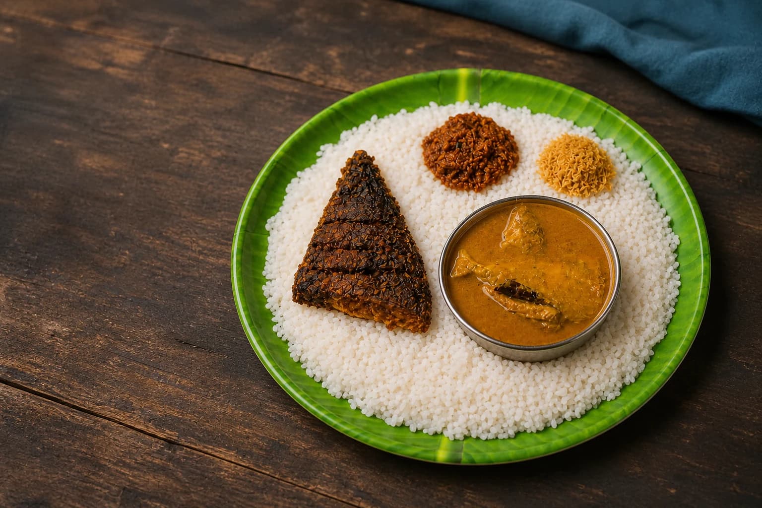 The Vizhinjam Meal with rice, fish curry, fish fry, fish pickle and coconut chammanthi